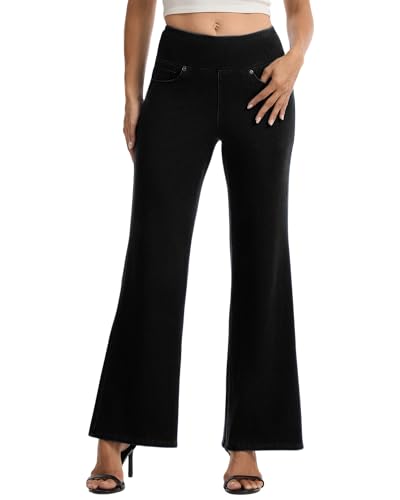 Amzdora Women’s High Waisted Wide Leg Jeans Pull On Stretch Denim Pants Tummy Control Flare Leggings Pants with Pockets, Black, Size 10 - image 1
