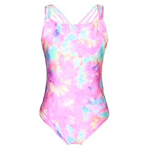 Manyakai Kids Girls One Piece Swimsuit Tie Dye Camisole Swimwear Sports Swimming Costumes Beachwear Pink 11-12 Years Cover