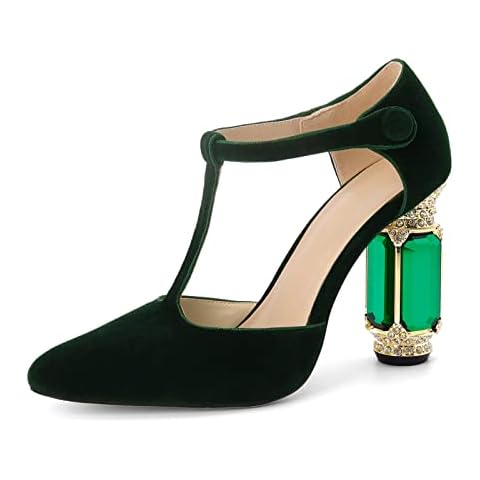 MIRAAZZURRA Women High Heeled Pumps Round Toe Crystal Block Heels T-Strap Dress Sandals Suede Buckle Shoes for Bridal Party Wedding, Green, 6.5 UK Cover