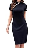 oxiuly Women's Vintage Stretch Stand Collar Casual Work Pencil Midi Dress OX183 (M, Black Solid)