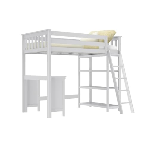 Image of Max & Lily High Loft Bed, Twin Bed Frame for Kids With Bookcase and Desk, White