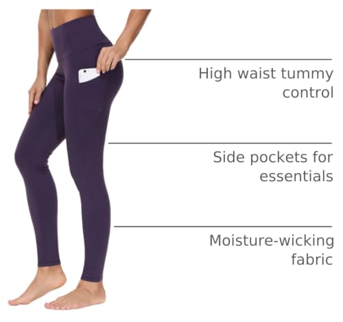 Image of THE GYM PEOPLE Thick High Waist Yoga Pants with Pockets, Tummy Control Workout Running Yoga Leggings for Women