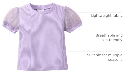 Image of OPAWO Toddler Girl Shirts Short Sleeve Ribbed Cotton Baby Tee Girls Tops | Polka dot tulle puff sleeves, Super soft and lightweight, Solid color, Versatile, Fit for summer, 12 Months to 8 Years