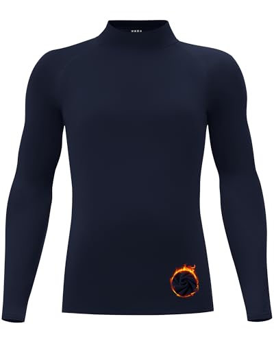 Poekuao Youth Thermal Compression Shirt Boys Long Sleeve Fleece Undershirt Sweat Wicking Athletic Base Layer for Soccer Football Baseball Navy L