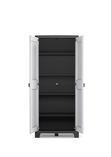 Keter Titan Kunststoffschrank, hoch, schwarz/grau, 80 x 44 x 182 cm, inkl. 4 Einlegeböden mit je 30kg Tragkraft, für drinnen und draußen, UV- und wasserbeständig, aus 70% recycelten Materialien