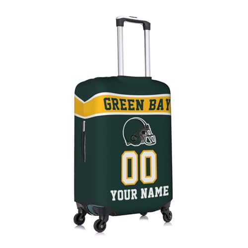 Image of Custom Green Bay Luggage Cover Personalized Football Style Suitcase Cover with Name Number Customized Washable Elastic Sports Travel Suitcase Protector for Business Vacation Gifts