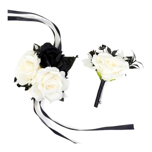 DESUNESS Wedding Flower Set with Rose Corsage and Boutonniere for Men (Black & White)