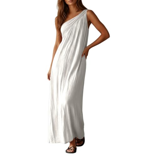 Image of AWYHAOYULA Women's One Shoulder Maxi Dress UK – Casual Boho Flowy Long Dress, Loose Fit Summer Beach Dress with Pockets, Flattering for Curvy & Petite Ladies White