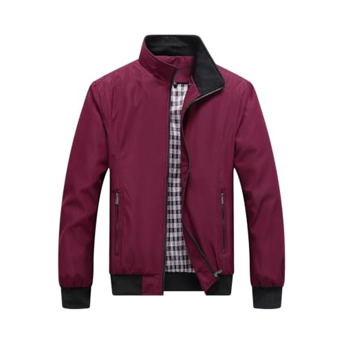 Image of Zanisouta Bomber Jacket Men's Lightweight Transition Jacket Outdoor Sports Jacket with Zip Pockets Coat Long Sleeve Blouson Jacket Stand-Up Collar Windbreaker Checked Lining Windjakce, O Red, L