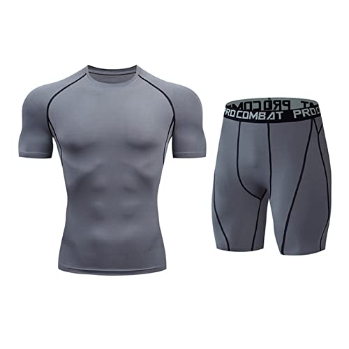 Men's Sports Running Set Skin-Tight Short Sleeve Quick Dry Fitness Tracksuit Gym Yoga Suits Compression Shirt + Shorts