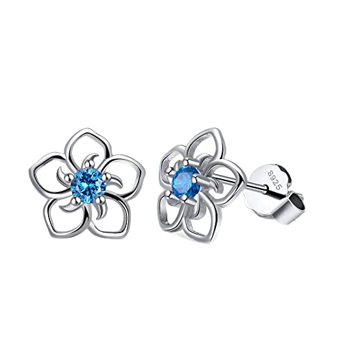 Boucles d'oreilles argent 925 fleur zircon bleu anti-allergie