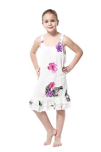Girl White with Purple Floral Hawaiian Luau Dress in Various Styles