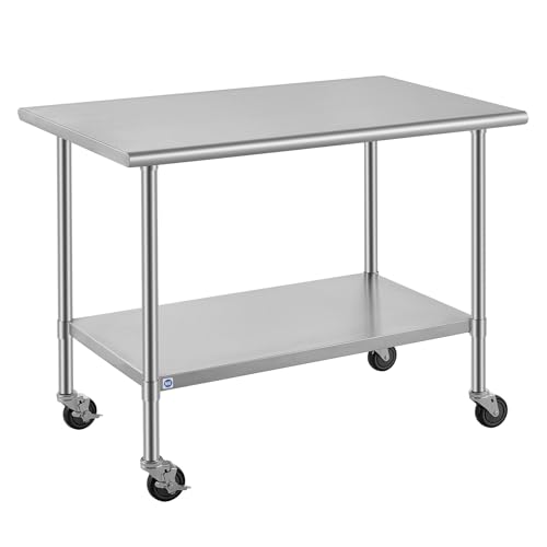 Image of ROCKPOINT All Stainless Steel Prep Table with Caster 30x48 Inch, Commercial Heavy Duty Workbench with Stainless Legs & Adjustable Undershelf, 840 lb Capacity for Outdoor Kitchens with Wheel
