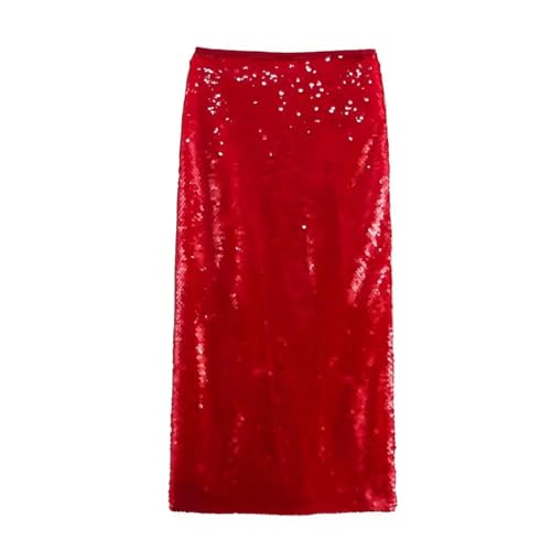 Women's Red Sequin High Waist Invisible Zipper Casual Party Midi Hip Skirt