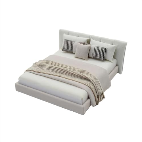 1/20 Scale Bedroom,Mini Doll Beds,Miniature Bed,Mini DIY Bedroom Furniture Bedding Miniature Queen Bed for Doll House Bedroo-m Furniture Accessories (Khaki)