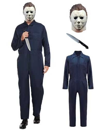 FGHJKL Adult Navy Blue Jumpsuit Coveralls with Mask And Classic Knife for Halloween Cosplay (Medium)