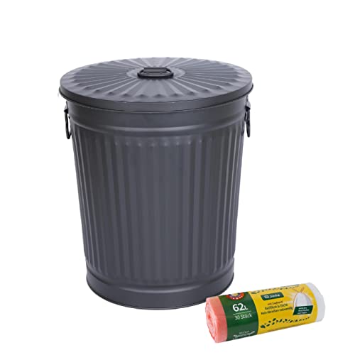 Jinfa Juego de 1 cubo de metal con asas y tapa + 30 bolsas de basura | Negro | 62L