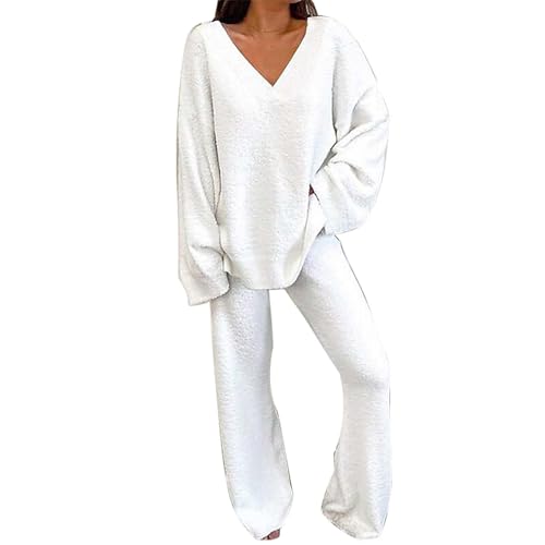 Image of tdbneu Womens Fluffy Pjs Warm Fleece Pyjamas Set 2 Piece Outfit White