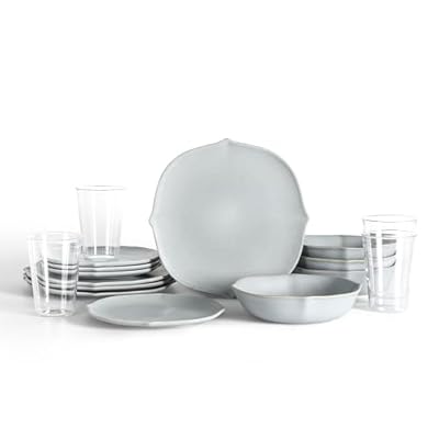 Stone Lain Baskerville 16-Piece Dinnerware Set Stoneware, Borosilicate Glass, Light Blue