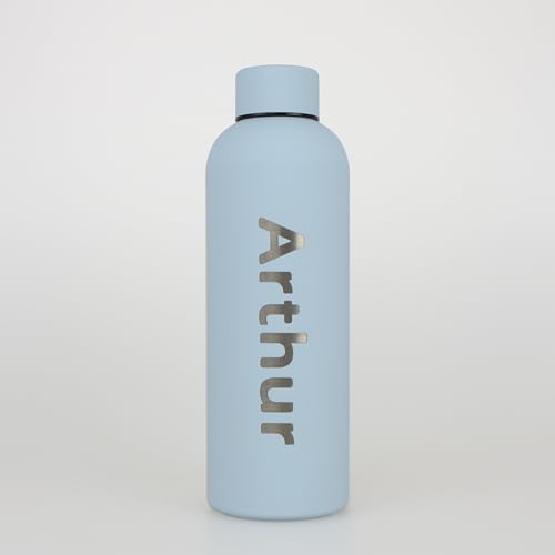 Image of cribstar Personalised Engraved Insulated Water Bottle | Stainless Steel Water Bottle | Double Walled Drink Bottle Keeps 12 Hours Hot & 24 Hours Cold 500ML | Vaccum Flask (Dusty Blue)
