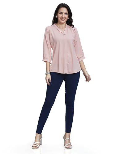 Image of nioni Women's Purple Poly Linen Blend Tunic Top with 3 /4 Sleeves, Printed Yoke, Kantha Stitch Detailing & Mandarin Collar