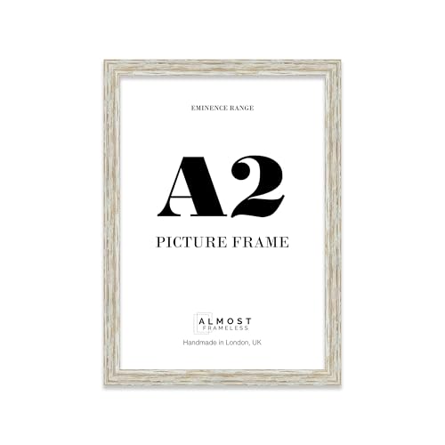 A2 Distressed White Oak Picture Frame - Rustic Wood Industrial Effect Photo Frame for Wall Display, Ideal for Posters, Prints & Home Décor, Wall Hooks, 32mm Edge - 1 Pack