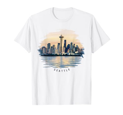 シアトル ワシントン スカイライン 水彩 お土産 シアトル Tシャツ
