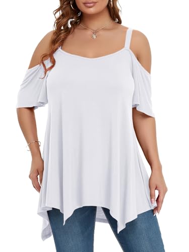 Image of LARACE Cold Shoulder Tops for Womens Summer Clothes Spaghetti Strape Tunic Oversized Shirts Asymmetrical Plus Size Blouse