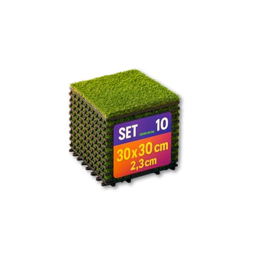 MOHOME Piastrelle Erba Sintetica Esterno Interno Set da 10 Prato Artificiale Incastro Drenaggio Acqua 30 x 30 x 3,2 cm Realistico Pavimento Morbido Terrazza Patio Giardino Balcone Bordo Piscina