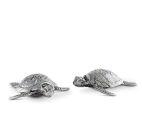 Vagabond House Pewter Metal Sea Turtles Salt & Pepper Shaker Set - Beach Artisanal Sculpture 3.5 Inch Long #TOP1
