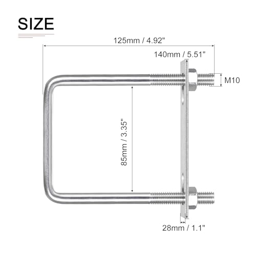 Image of DTGN M10x85x125mm(ThreadxWxL) Square U Bolt - 2Pack - Good for Trailer Pipe Replacement Parts - 304 Stainless Steel U Shape Bolts
