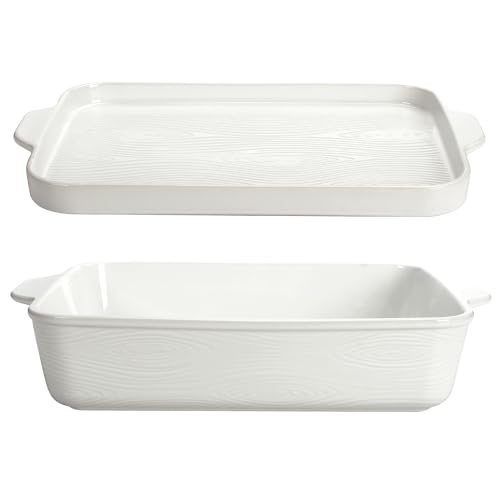 Temp-Tations By Tara Baking Pans Set - 9X13' Set Of 2 Woodland White Bakeware Sets With Casserole Dish For Oven And Serving Dish For Lasagna, Pies, Meatloaf, Hand-Painted Ceramic Casserole Oven Pan