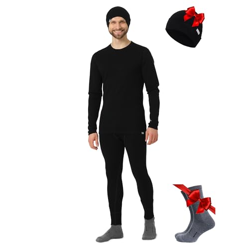 Merino.tech Merino Wool Base Layer Mens Set + Beanie - Midweight Merino Wool Mens Thermal Underwear Set Top