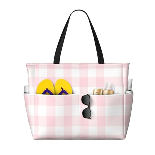 Pink Christmas Print Large Beach Tote Bag Women Waterproof Sandproof Zipper Beach Tote Bag For Pool Gym Grocery Travel With Wet