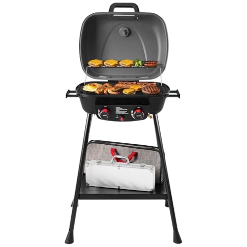 Royal Gourmet GT2003 Portable 2 Burner Propane Gas Grill with Stand and Warming Rack, 2-in-1 Grill Griddle Combo with 17,000 BTUs Output forCamping, Tailgating, Backyard, Gray