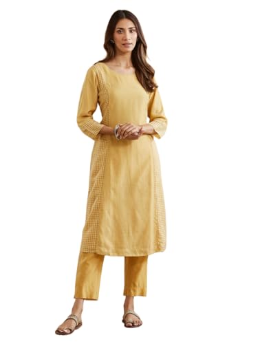 Kurta en soie de coton Fabindia ensemble pantalon jaune de haute couture ethnique