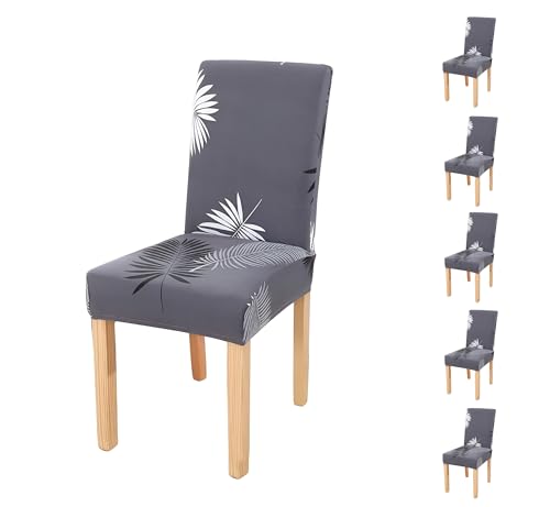 Image of Dining Chair Covers Set of 6, Stretchable Removable Washable Anti-Slip Universal Fit Printed Polyester Spandex Slipcovers (Grey Leaf)
