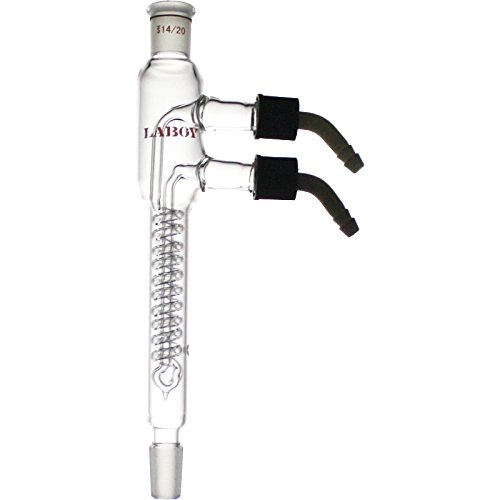 Laboy Glass Reflux Condenser Coiled with 14/20 Joints 100mm in Coil Length 205mm in Overall Height with Removable Hose Connections Organic Chemistry Lab Glassware Apparatus