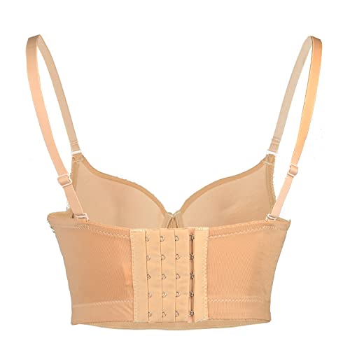 ELLACCI Women's Handmade Rhinestone Diamond Push up Bustier Crop Top Sexy Punk Corset Bra Khaki4