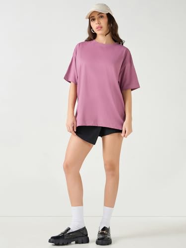 Image of Bewakoof Women's Solid Oversized Fit Half Sleeve Round Neck Cotton Jersey T-Shirt