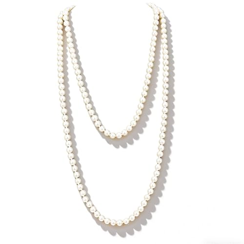 Josojoou Lange Perlenkette Damen Elegante Vintage-Perlenkette Im Lagenlook Weiß Pearl Necklace Für 1920s Gatsby Kette Kostüm Accessoires Modische Künstliche Perlen Halskette Herren Für Hochzeiten