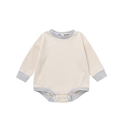 Image of Twopumpkin Baby Girl Boy Crewneck Sweatshirts Oversized Knit Sweater Shirts Long Sleeve Romper Pullover Top Cute Fall Winter Clothes (A Waffle Knitted Cream, 0-6 Months)