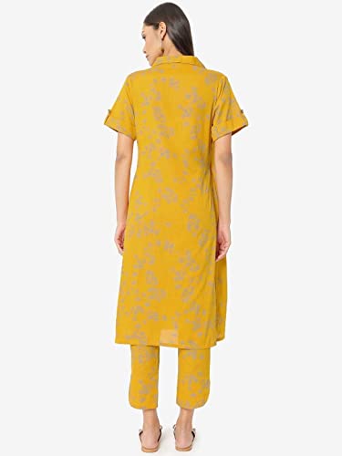 Image of SAAKI Womens Pure Cotton Regular Fit Autumn Overlap Kurta Set (Yellow)