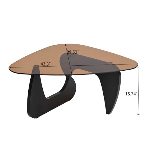 Image of 43.3 inch Black Glass Coffee Table, Mid-Century Modern Coffee Tables for Living Room, Organic Round Coffee Table with Smoked Tempered Glass Top and Wood Base, Small Center Table, Mesa de Centro para Sala