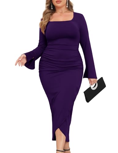 Image of ZOMVA 2024 Plus Size Cocktail Dress Comfortable Bell Sleeves Wedding Guest Square Neck Semi Formal
