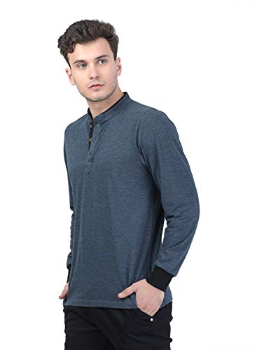Image of Kalt Men's Full Sleeves Cotton Blend Mandarin Collar T-Shirt(Dark Blue Melange)