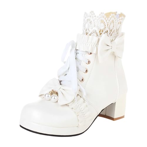 Botas bicolor para mujer Botines con cordones en la parte delantera Zapatos Lolita Color Sólido Botas de Goma de Lluvia, Color blanco., 37 EU