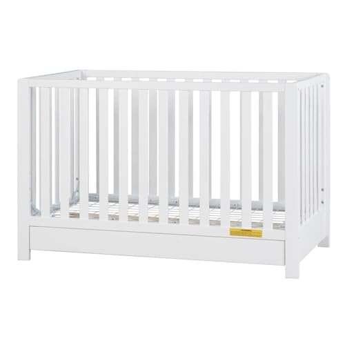 Image of Pemberly Row Contemporary 4-in-1 Convertible Crib with Drawer, Sustainable Pine Wood, White Finish, Adjustable Mattress Height, Modern Nursery Furniture, Converts to Toddler Bed, Daybed, Full-Size Bed