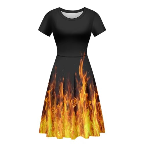Image of POLERO Women Puffy Swing Elegant Party Midi Dresses Short Sleeve Round Neck A-Line Dress