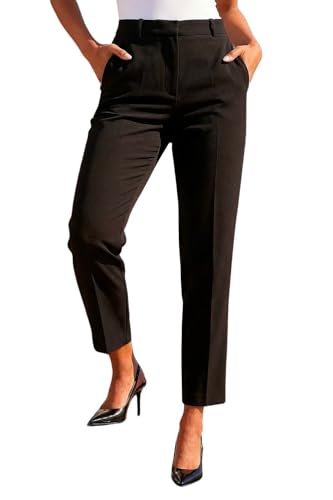 Roman Straight Leg Stretch Trousers for Women UK Ladies Work Office Smart Suit Pants Slacks Cigarette Tailored High Elasticated Waist Ankle Grazer Slim Angela - Regular Black (28 inch) - Size 12